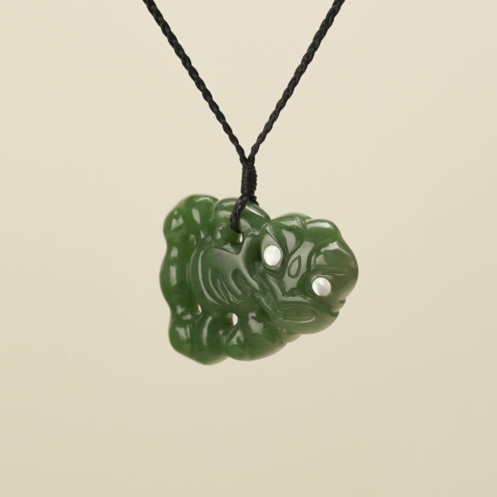 Hei Tiki Kawakawa Greenstone Large Pendant, Black Binding