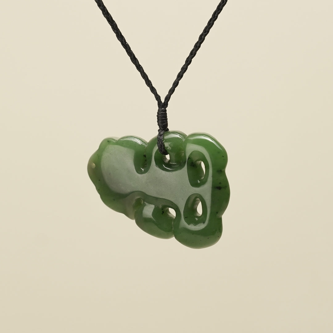Hei Tiki Kawakawa Greenstone Large Pendant, Black Binding