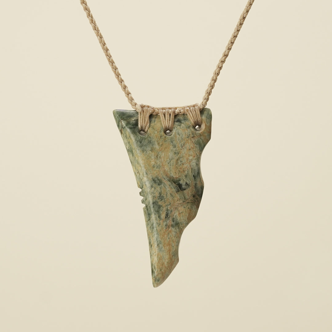 Niho Tooth Raukaraka Pounamu Large Pendant, Tan Binding