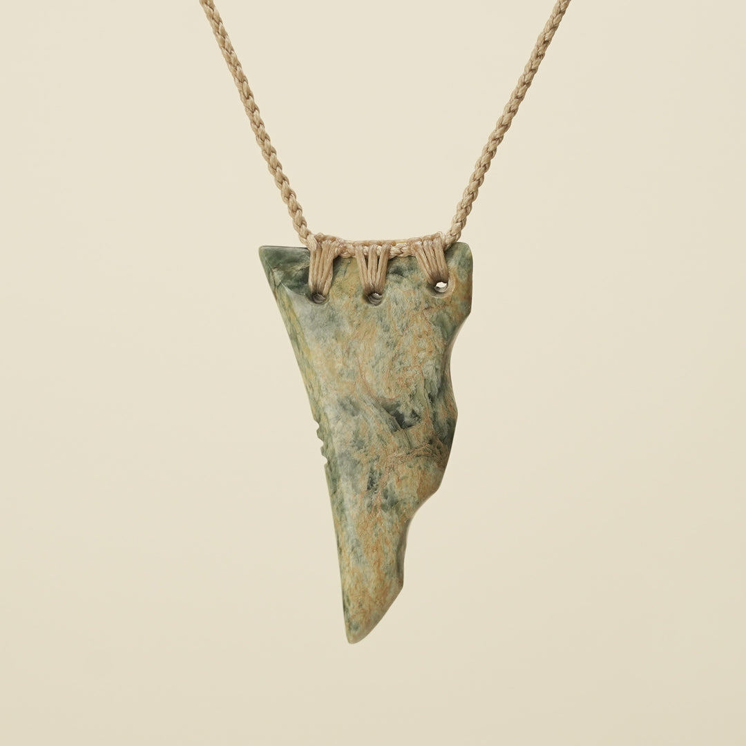 Niho Tooth Raukaraka Pounamu Large Pendant, Tan Binding