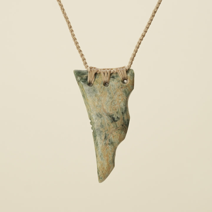 Niho Tooth Raukaraka Pounamu Large Pendant, Tan Binding