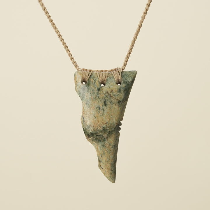 Niho Tooth Raukaraka Pounamu Large Pendant, Tan Binding