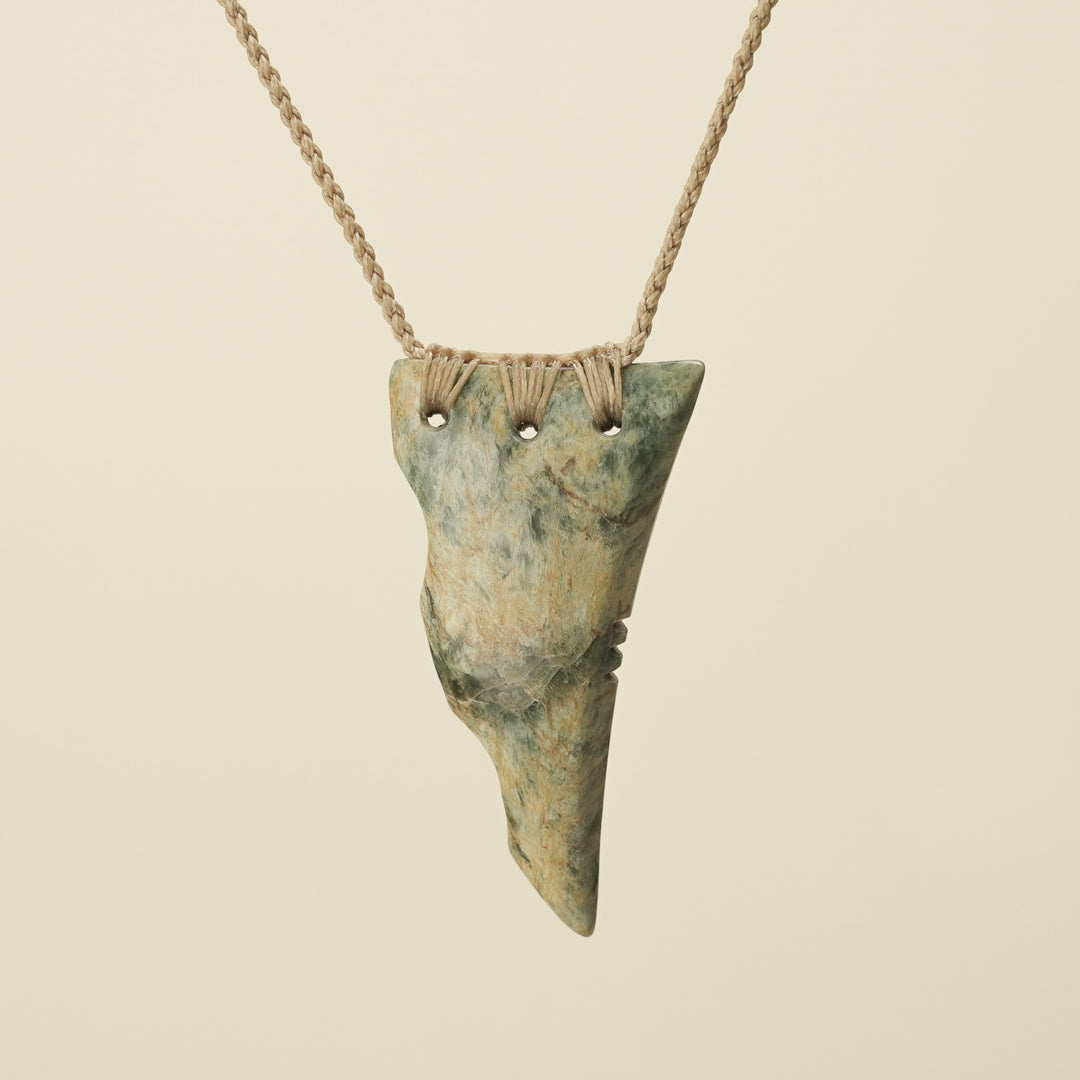 Niho Tooth Raukaraka Pounamu Large Pendant, Tan Binding