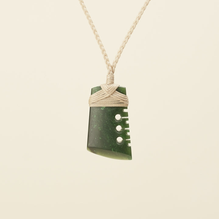 Notched Toki Kawakawa Greenstone Small Pendant, Tan Binding