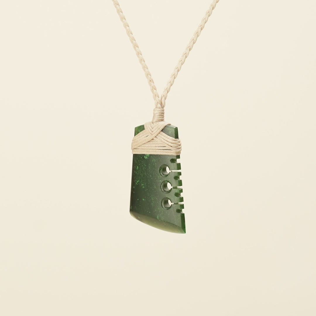 Notched Toki Kawakawa Greenstone Small Pendant, Tan Binding