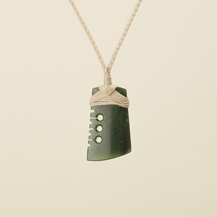 Notched Toki Kawakawa Greenstone Small Pendant, Tan Binding