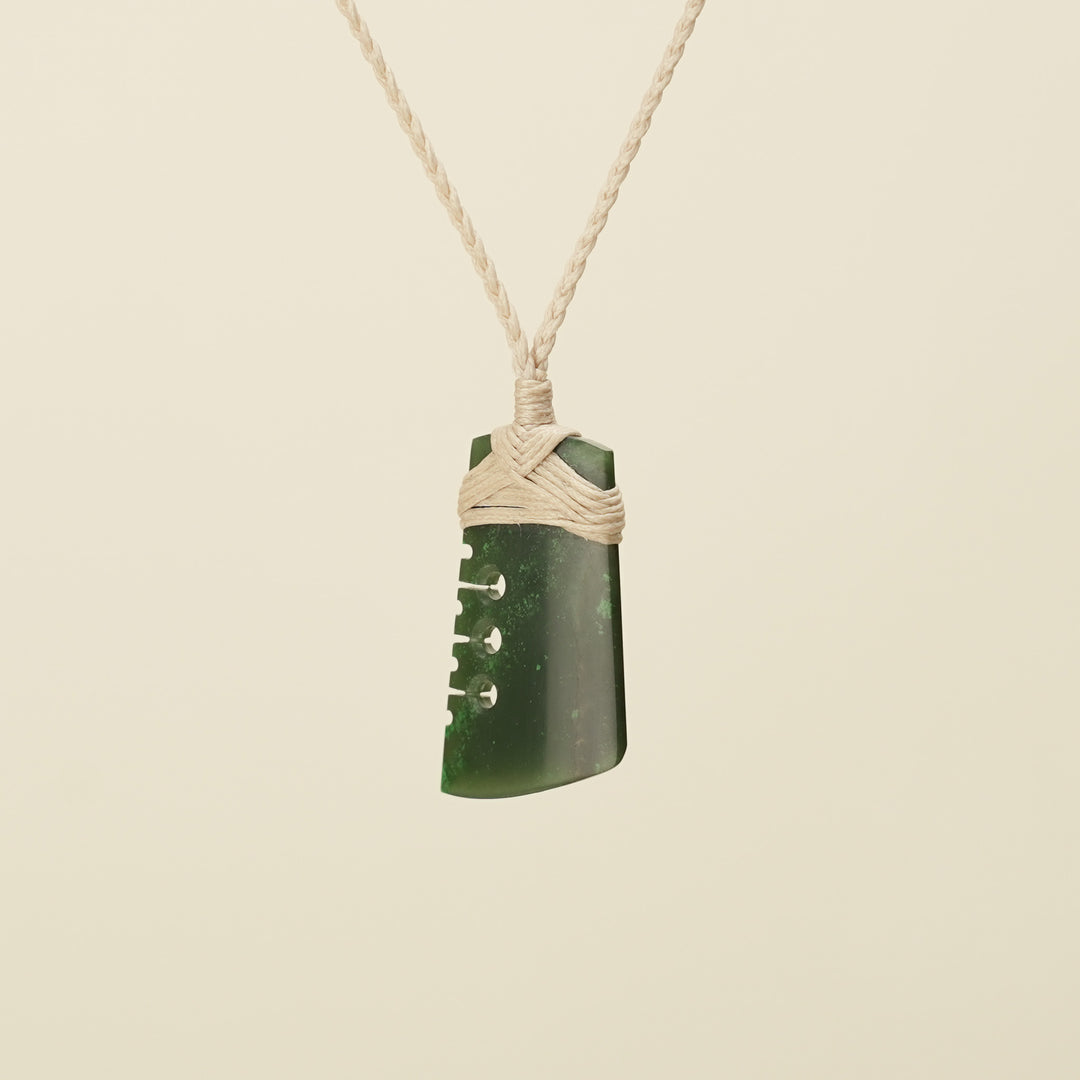 Notched Toki Kawakawa Greenstone Small Pendant, Tan Binding