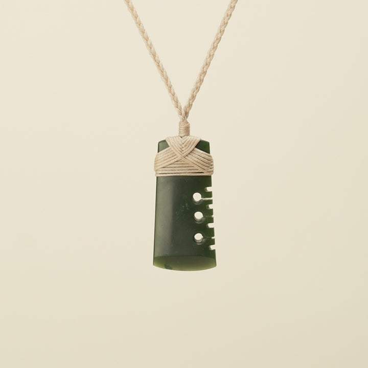 Notched Toki Kawakawa Greenstone Small Pendant, Tan Binding