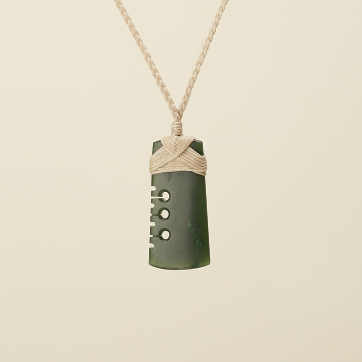 Notched Toki Kawakawa Greenstone Small Pendant, Tan Binding