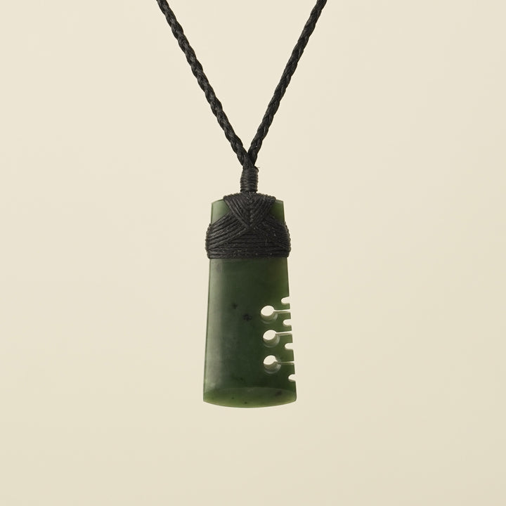 Notched Toki Kawakawa Greenstone Small Pendant, Black Binding