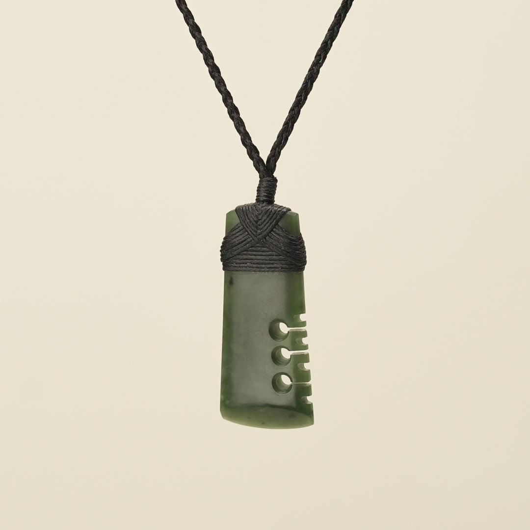 Notched Toki Kawakawa Greenstone Small Pendant, Black Binding