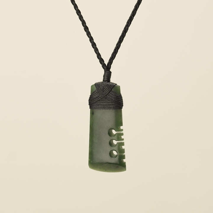 Notched Toki Kawakawa Greenstone Small Pendant, Black Binding
