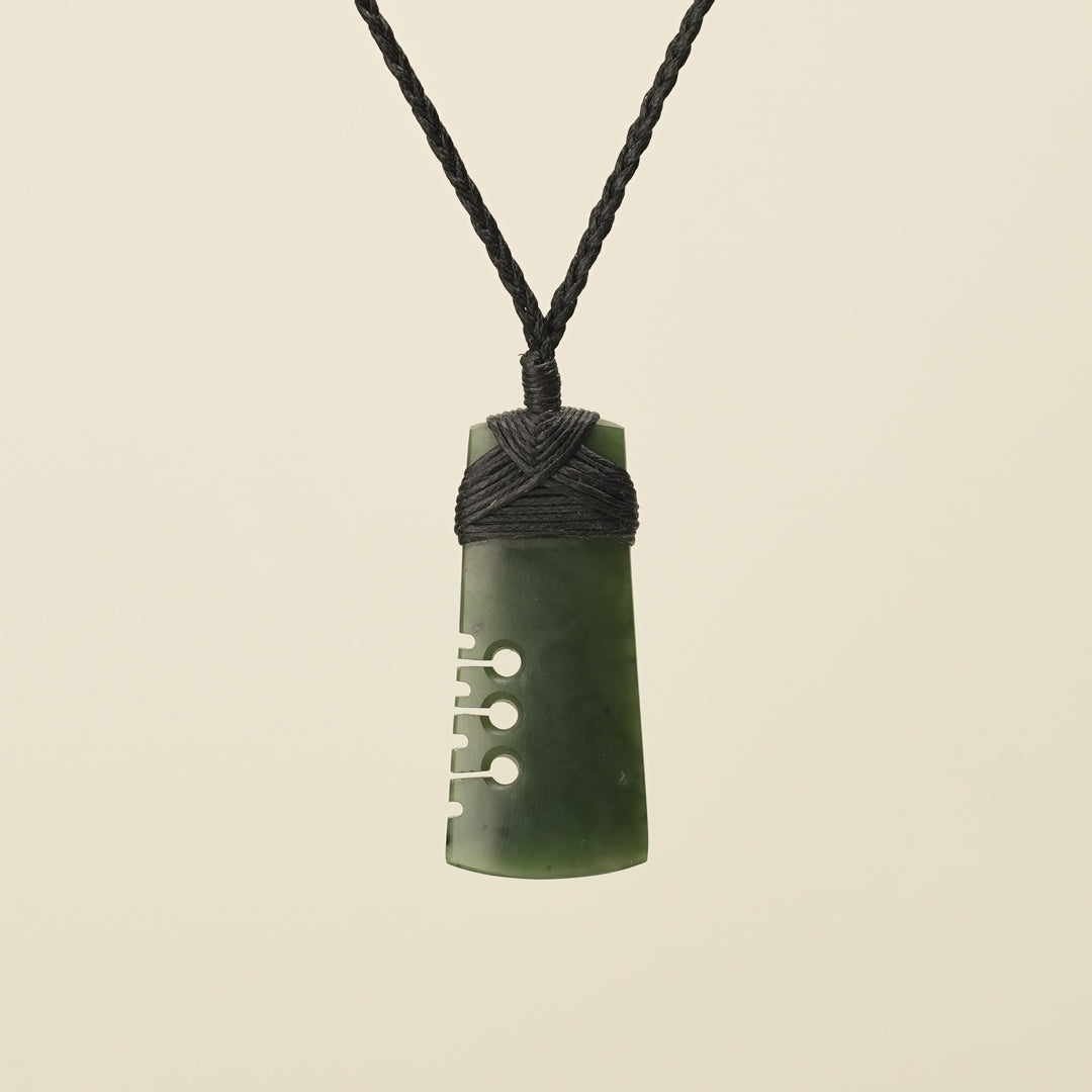 Notched Toki Kawakawa Greenstone Small Pendant, Black Binding