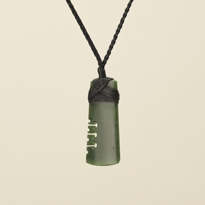 Notched Toki Kawakawa Greenstone Small Pendant, Black Binding