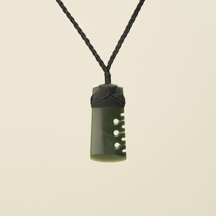 Notched Toki Kawakawa Greenstone Small Pendant, Black Binding