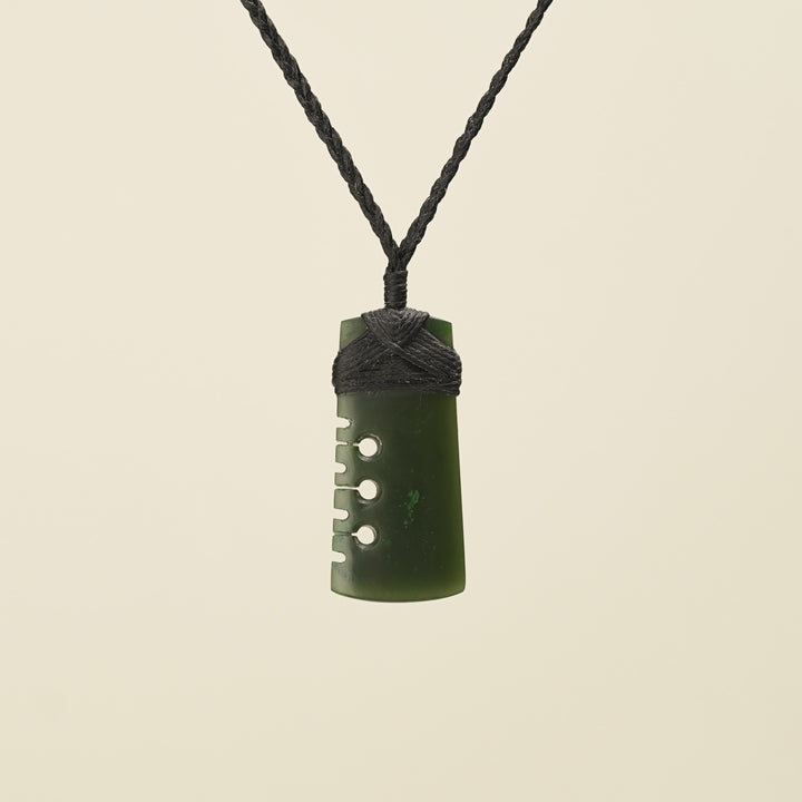 Notched Toki Kawakawa Greenstone Small Pendant, Black Binding