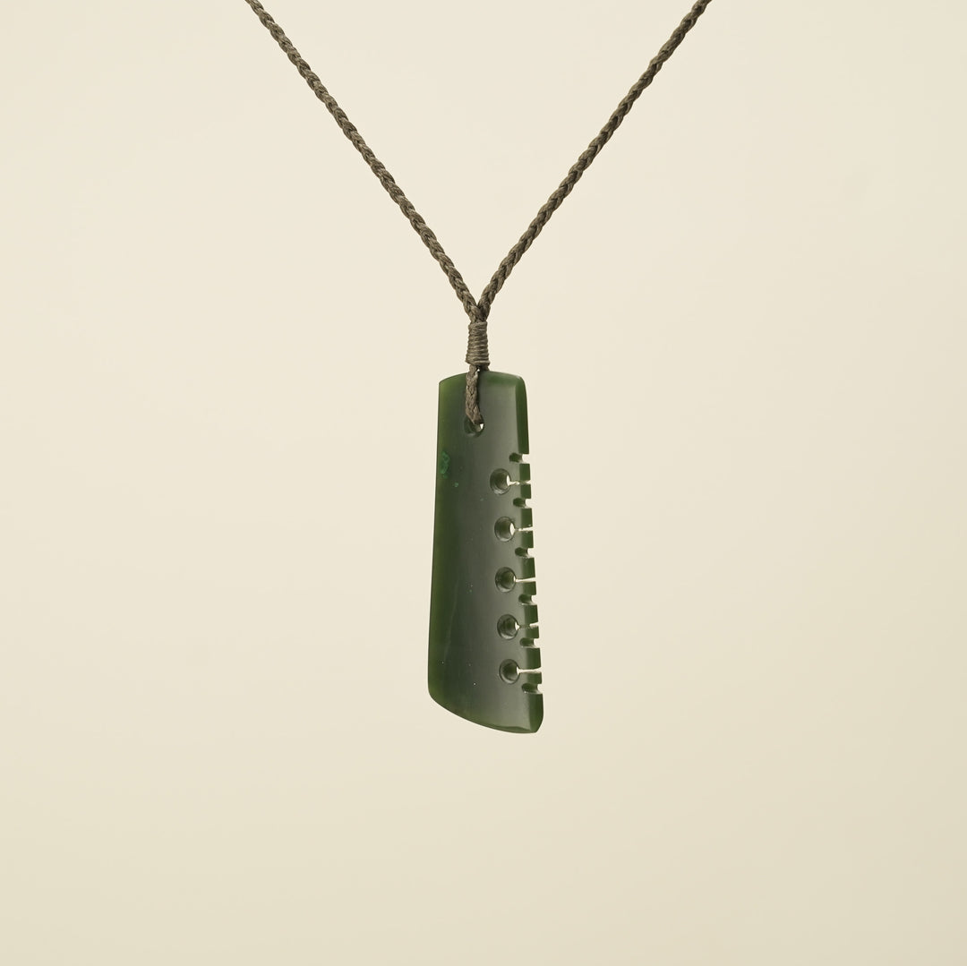 Notched Toki Kawakawa Greenstone Medium Pendant, Khaki Binding