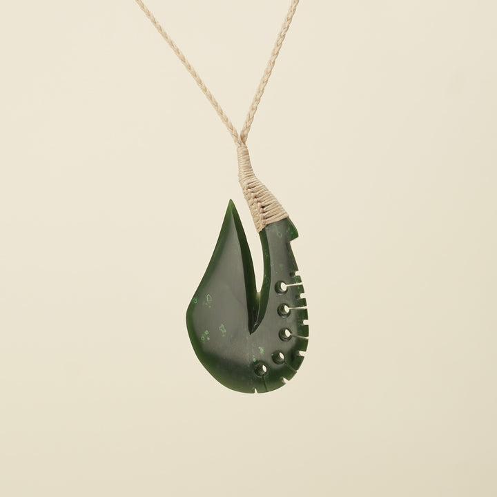 Notched Hei Matau Kawakawa Greenstone Large Pendant Tan Binding