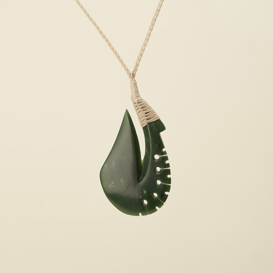 Notched Hei Matau Kawakawa Greenstone Large Pendant Tan Binding