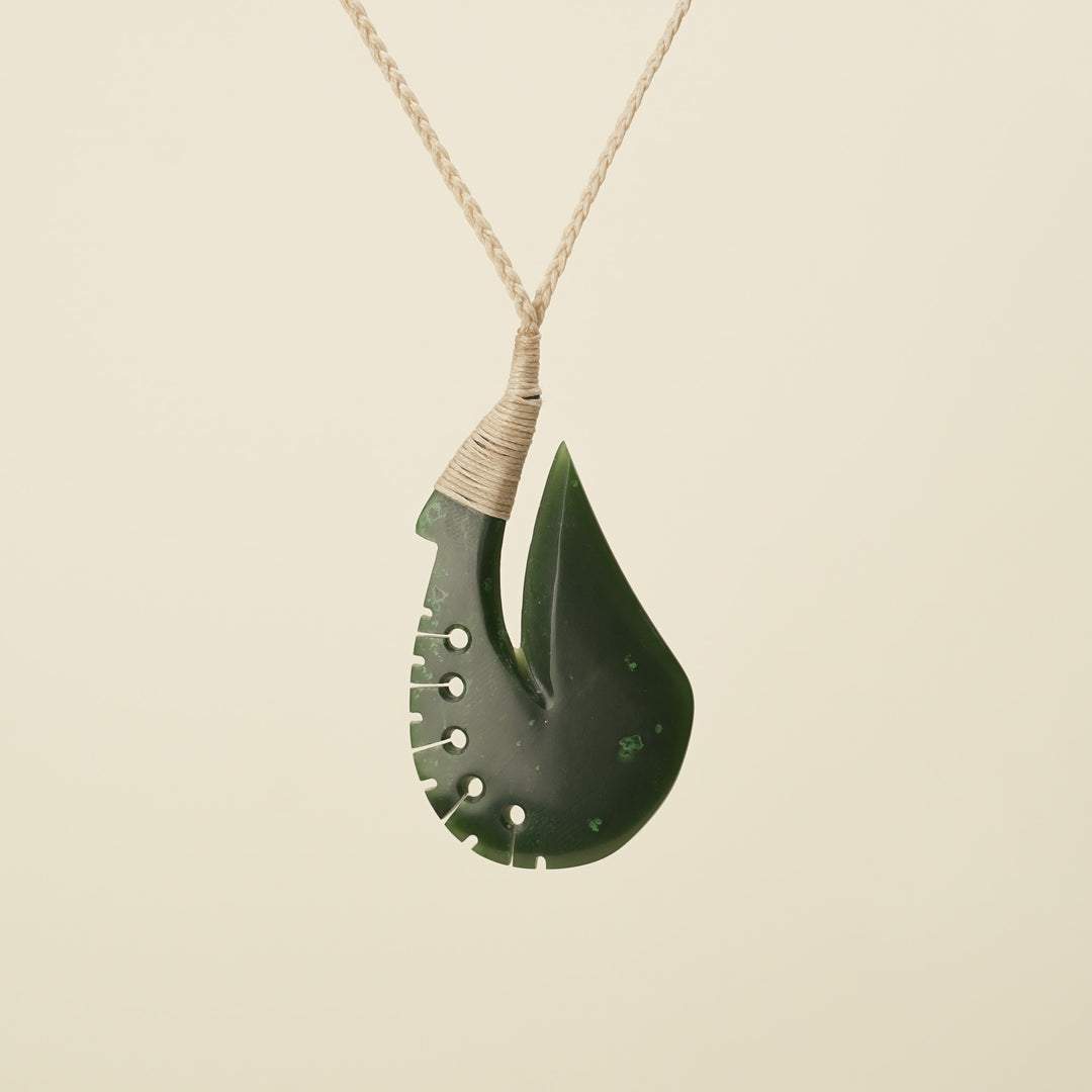Notched Hei Matau Kawakawa Greenstone Large Pendant Tan Binding