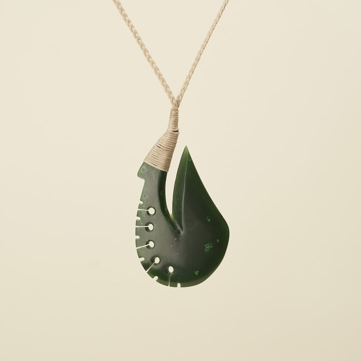 Notched Hei Matau Kawakawa Greenstone Large Pendant Tan Binding