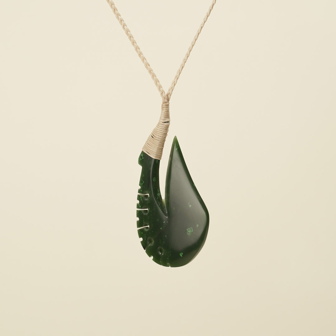 Notched Hei Matau Kawakawa Greenstone Large Pendant Tan Binding