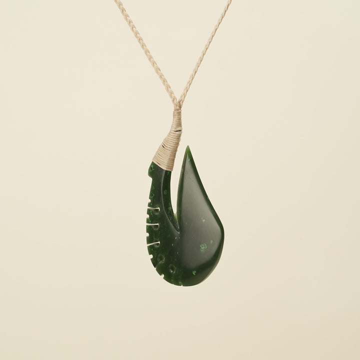 Notched Hei Matau Kawakawa Greenstone Large Pendant Tan Binding