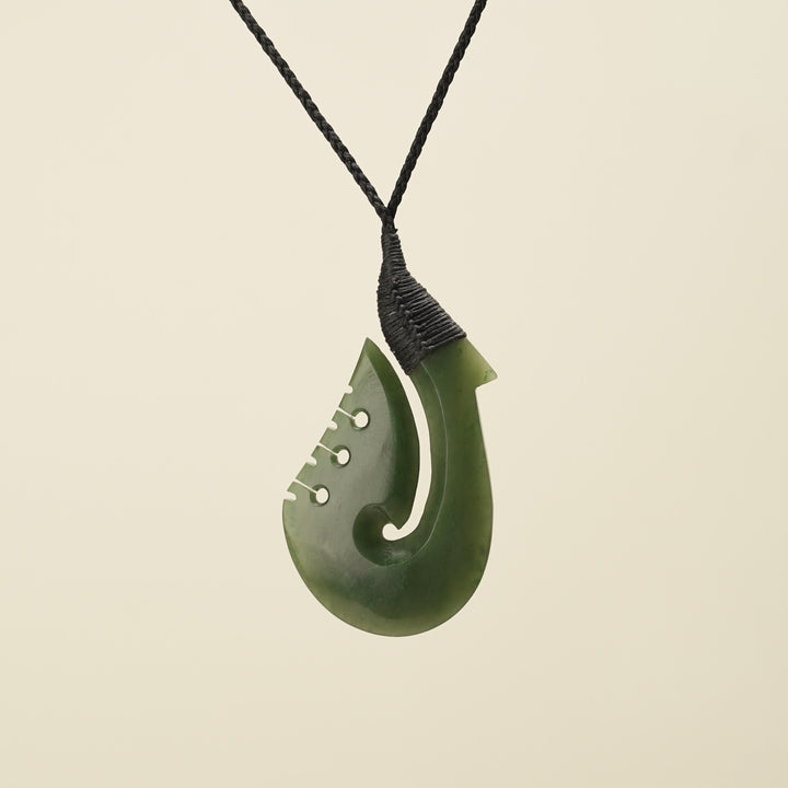 Notched Hei Matau Kahurangi Greenstone Large Pendant, Black Binding