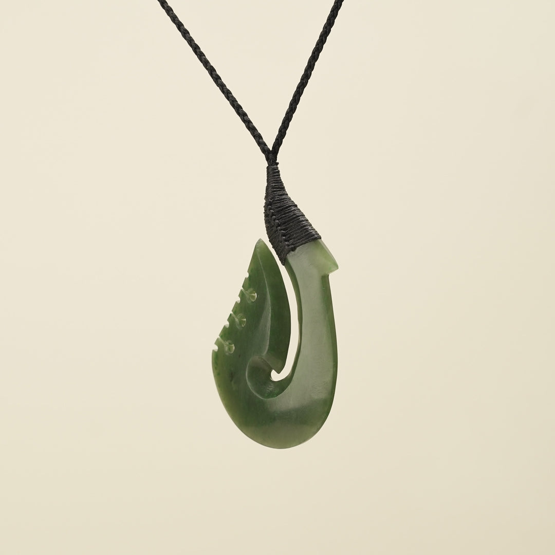 Notched Hei Matau Kahurangi Greenstone Large Pendant, Black Binding