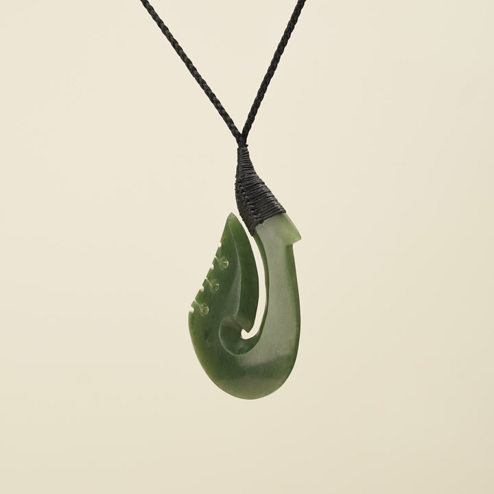 Notched Hei Matau Kahurangi Greenstone Large Pendant, Black Binding