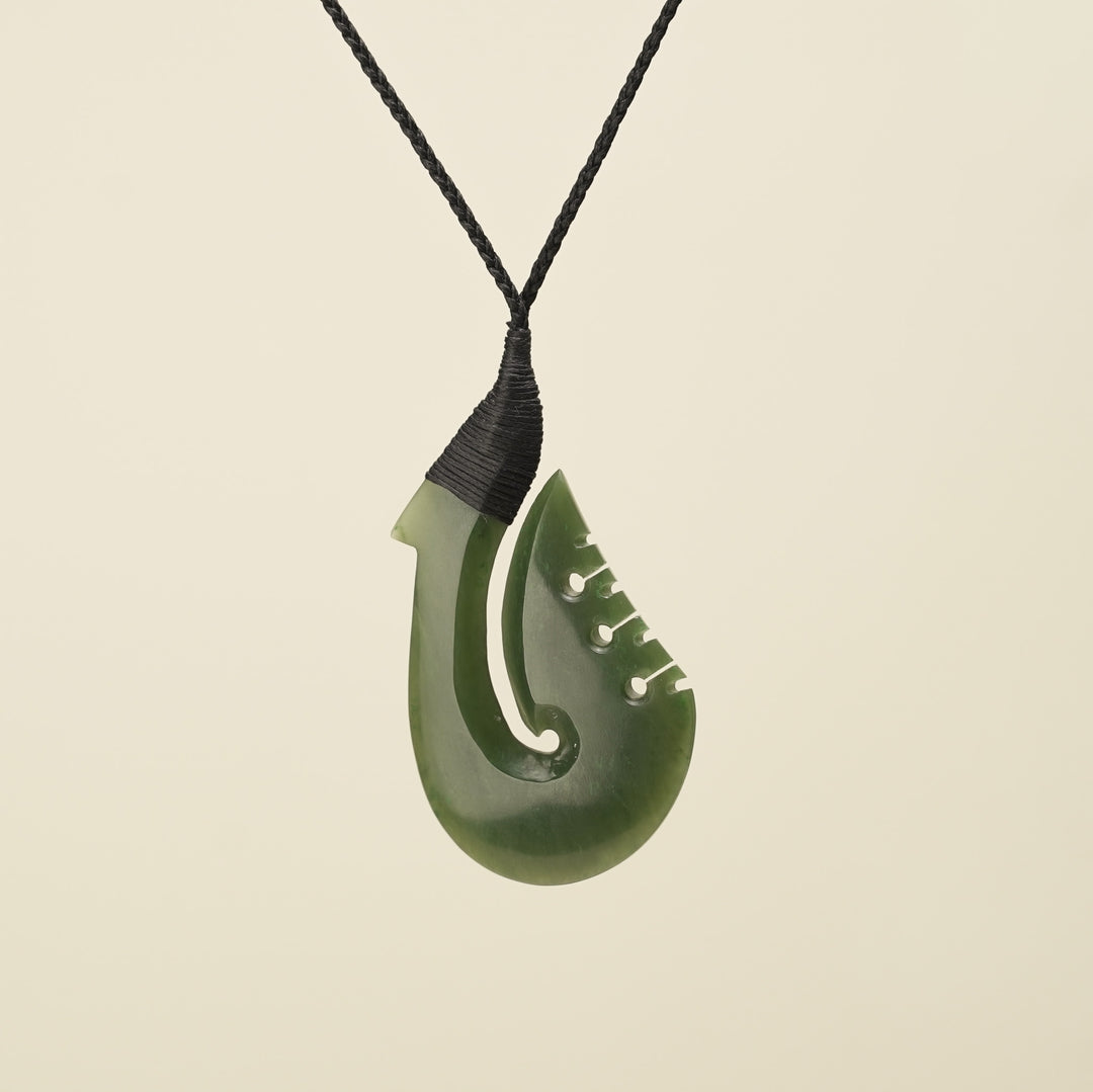 Notched Hei Matau Kahurangi Greenstone Large Pendant, Black Binding