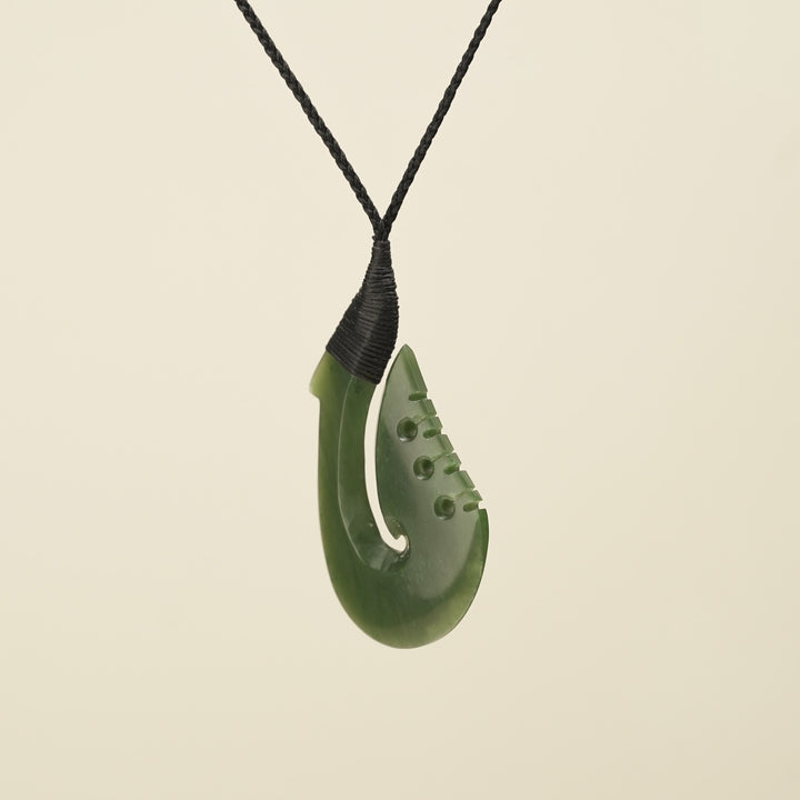 Notched Hei Matau Kahurangi Greenstone Large Pendant, Black Binding