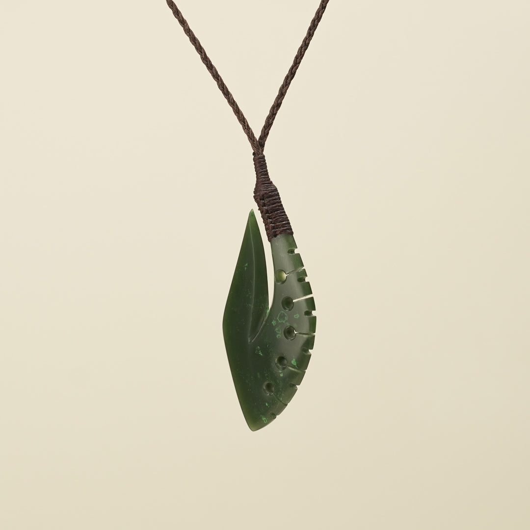 Notched Hei Matau Kawakawa Greenstone Medium Large Pendant, Brown Binding