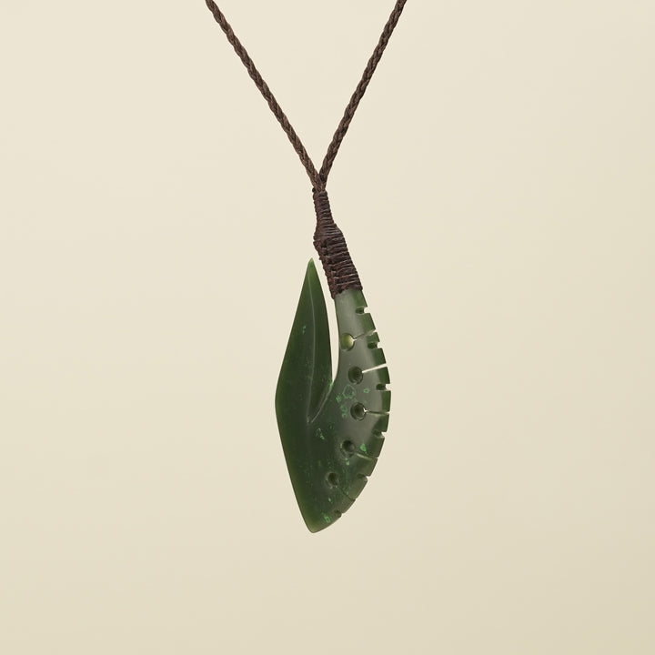 Notched Hei Matau Kawakawa Greenstone Medium Large Pendant, Brown Binding