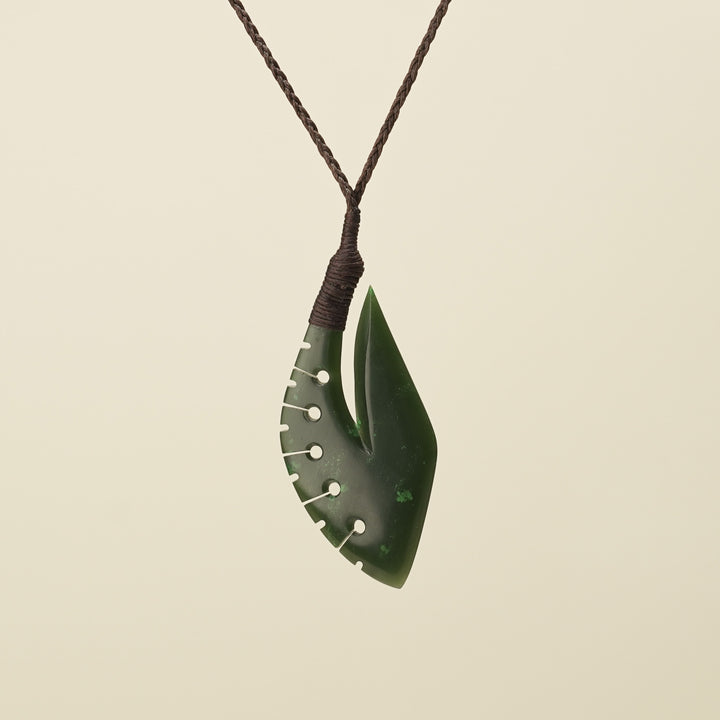 Notched Hei Matau Kawakawa Greenstone Medium Large Pendant, Brown Binding