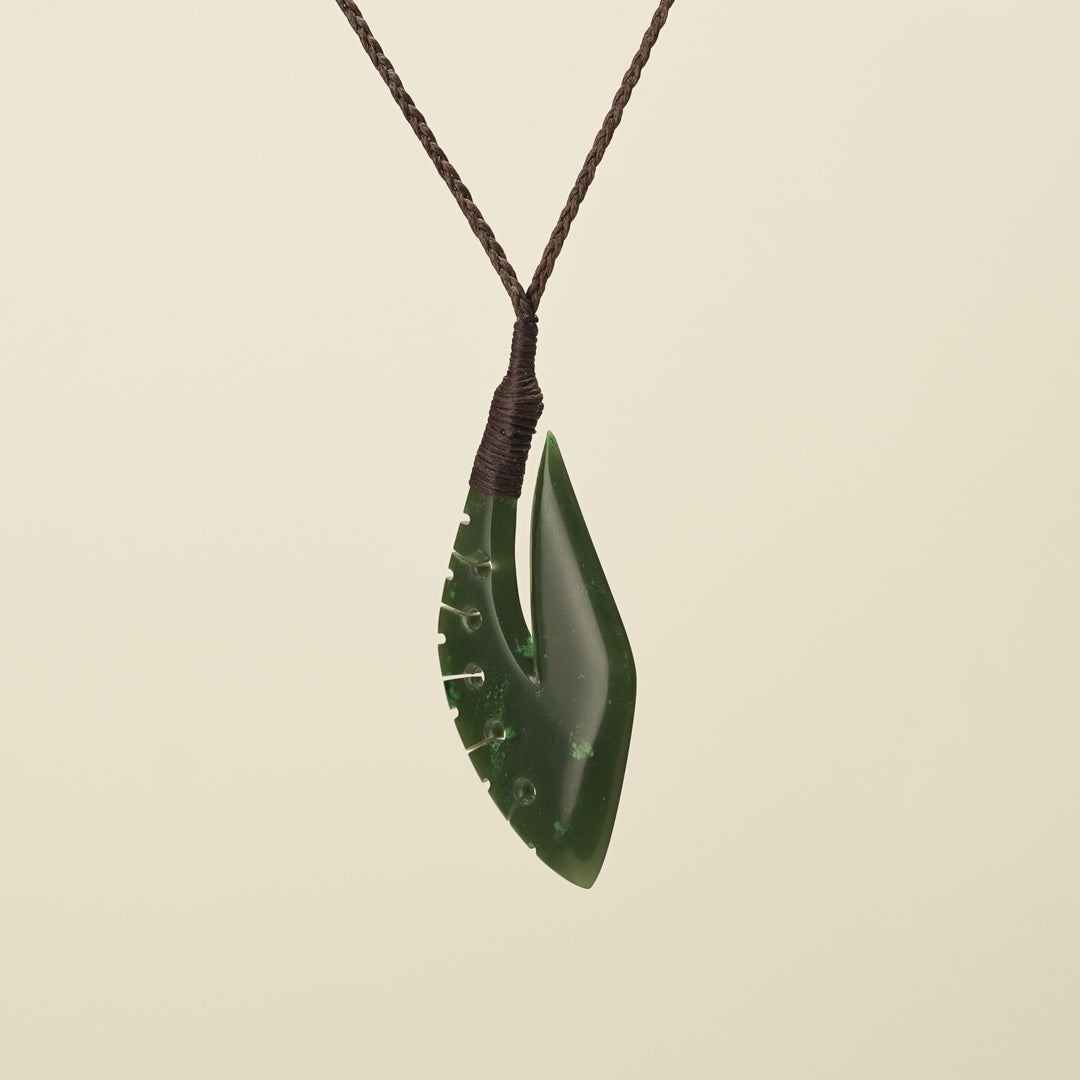 Notched Hei Matau Kawakawa Greenstone Medium Large Pendant, Brown Binding