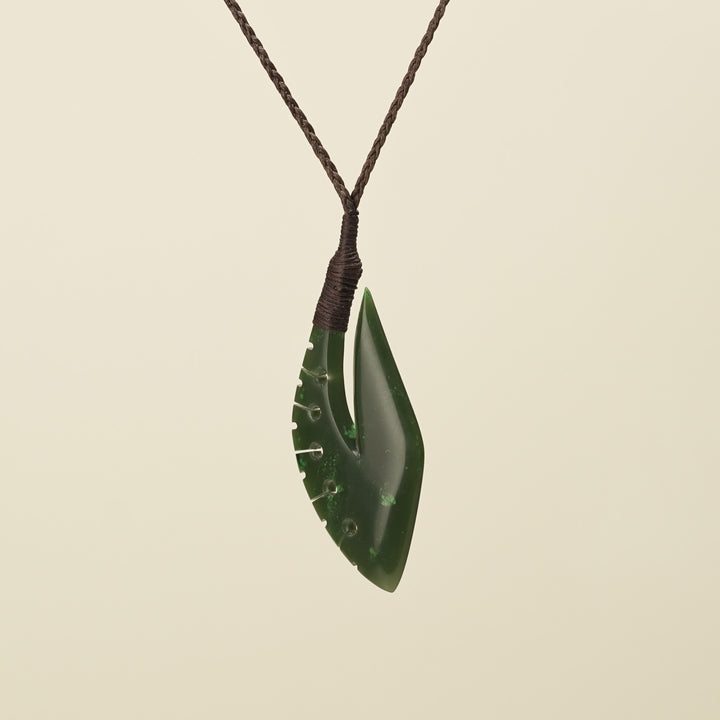 Notched Hei Matau Kawakawa Greenstone Medium Large Pendant, Brown Binding