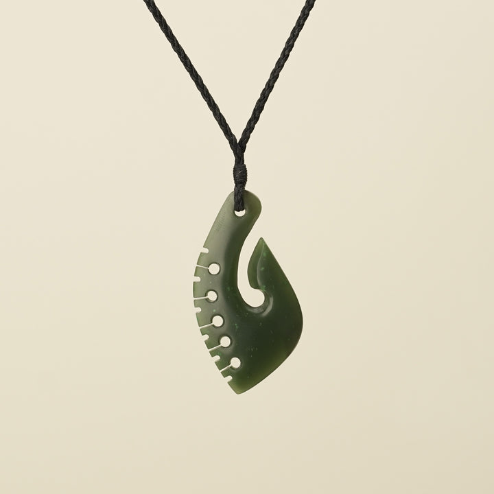 Notched Hei Matau Kawakawa Greenstone Medium Pendant Black Binding