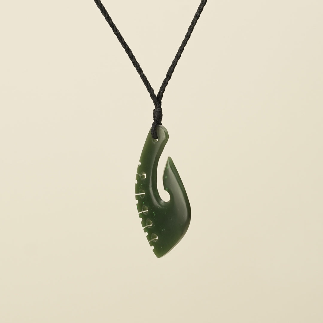 Notched Hei Matau Kawakawa Greenstone Medium Pendant Black Binding