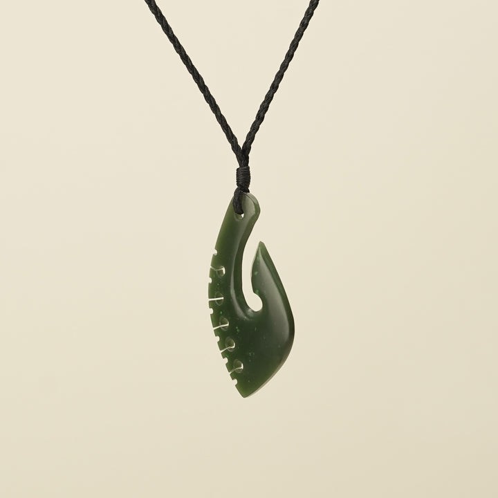 Notched Hei Matau Kawakawa Greenstone Medium Pendant Black Binding