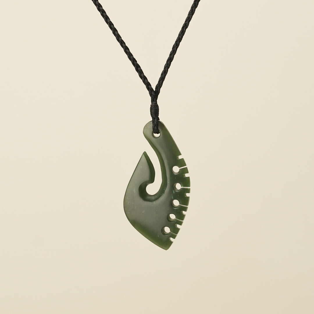 Notched Hei Matau Kawakawa Greenstone Medium Pendant Black Binding