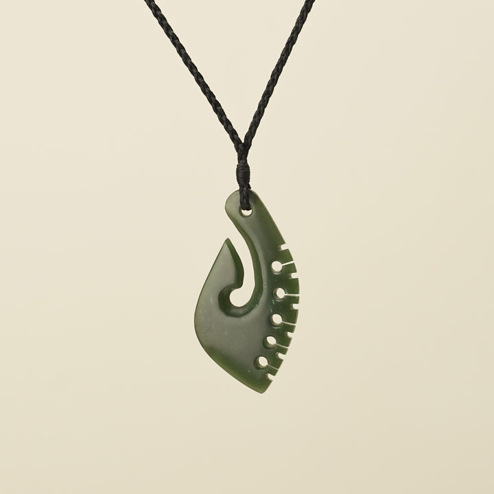 Notched Hei Matau Kawakawa Greenstone Medium Pendant Black Binding
