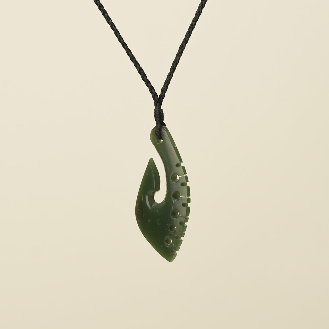 Notched Hei Matau Kawakawa Greenstone Medium Pendant Black Binding