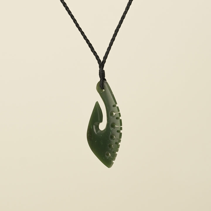 Notched Hei Matau Kawakawa Greenstone Medium Pendant Black Binding