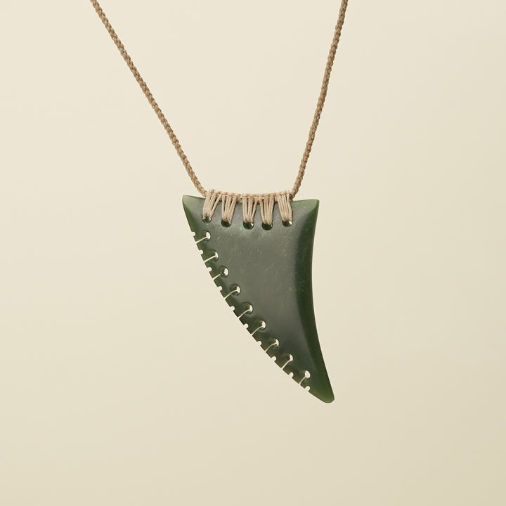Notched Niho Tooth Kawakawa Greenstone Large Pendant, Tan Binding