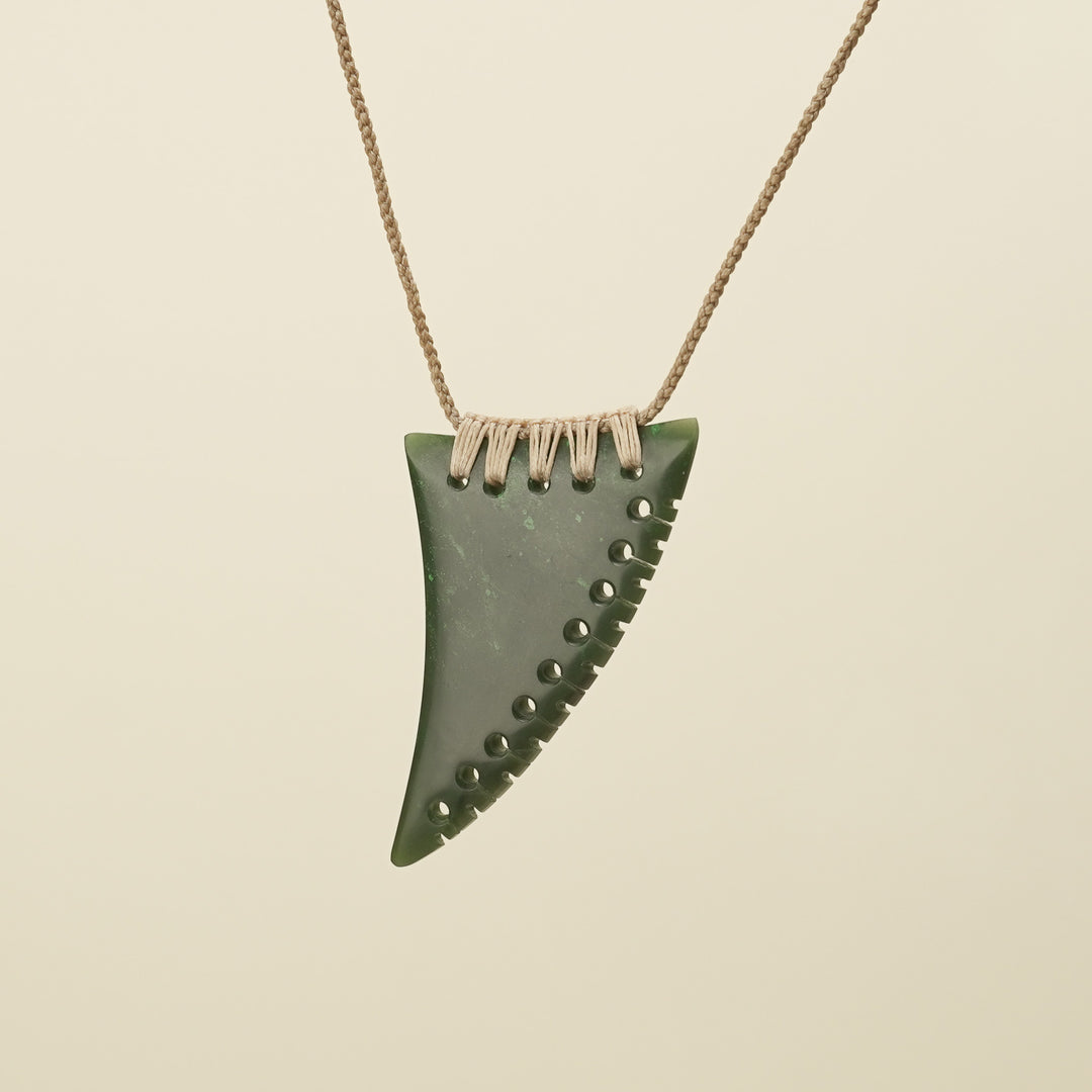 Notched Niho Tooth Kawakawa Greenstone Large Pendant, Tan Binding