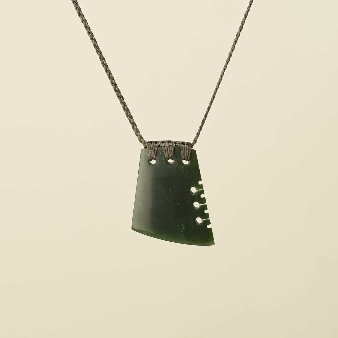 Notched Toki Kawakawa Greenstone Medium Pendant, Khaki Binding