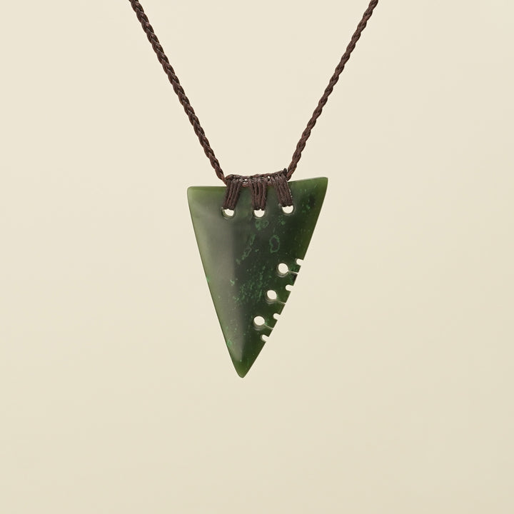 Notched Niho Tooth Kawakawa Greenstone Small Pendant Brown Binding