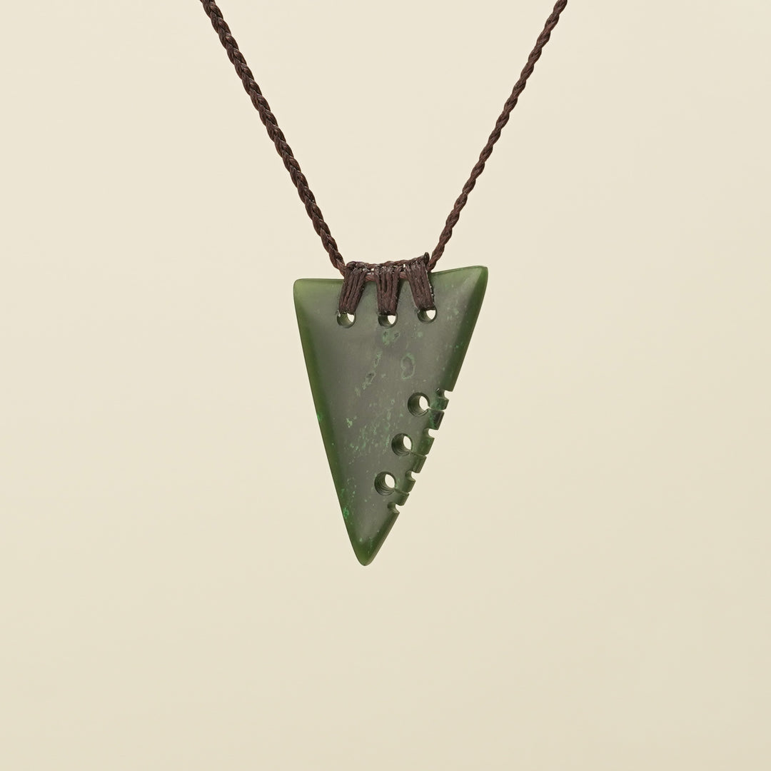 Notched Niho Tooth Kawakawa Greenstone Small Pendant Brown Binding