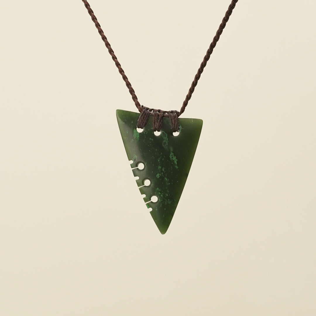 Notched Niho Tooth Kawakawa Greenstone Small Pendant Brown Binding